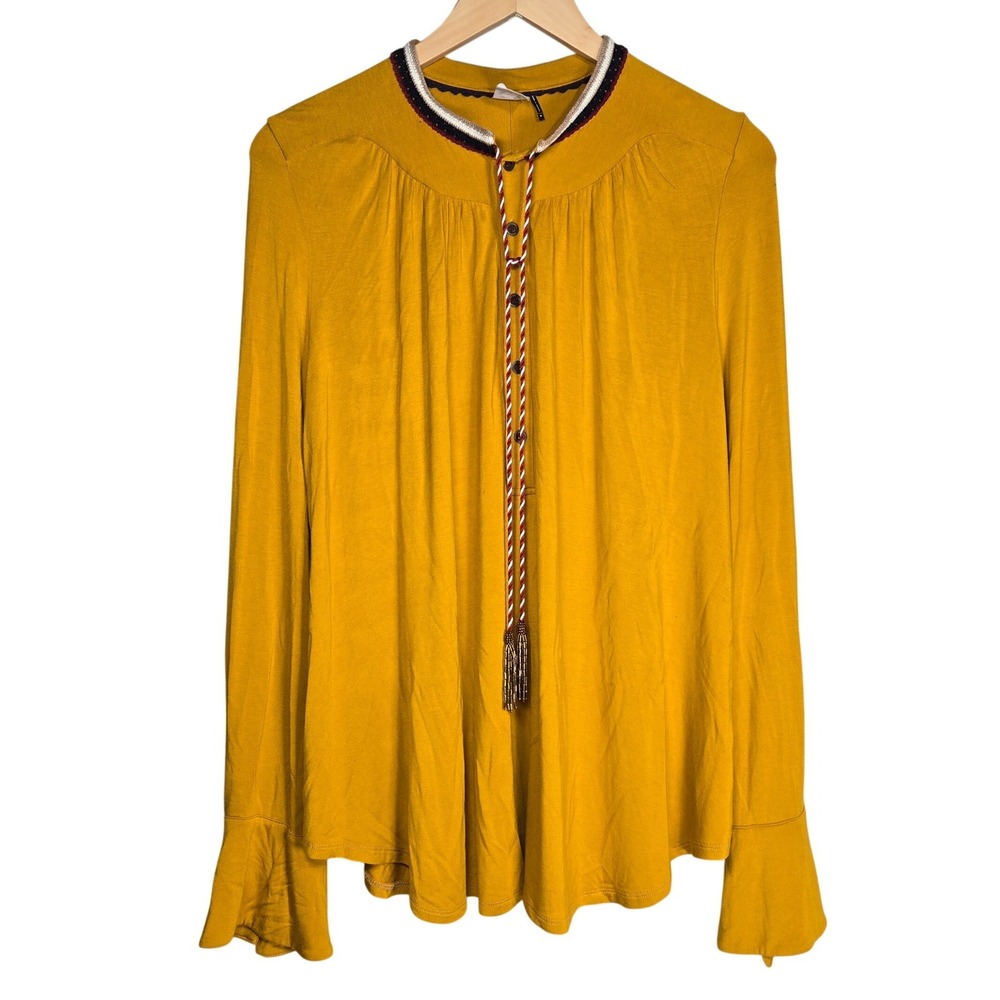 Akemi + Kin Anthropologie‎ Mustard Yellow Boho Tassel Henley Blouse Medium